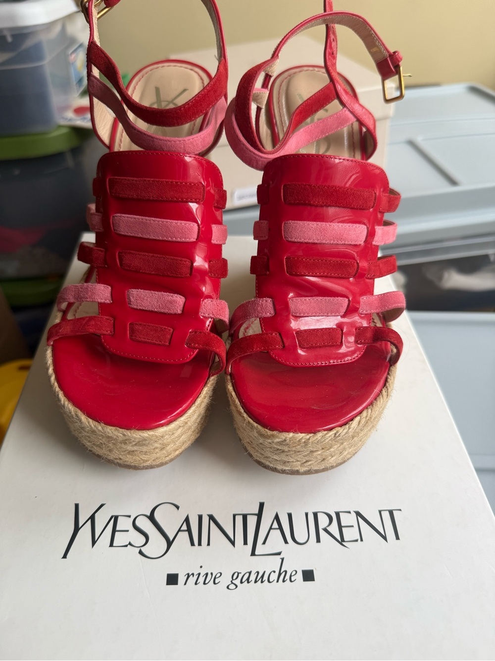 Yves Saint Laurent Pink and Red Wedge Espadrille Sandals